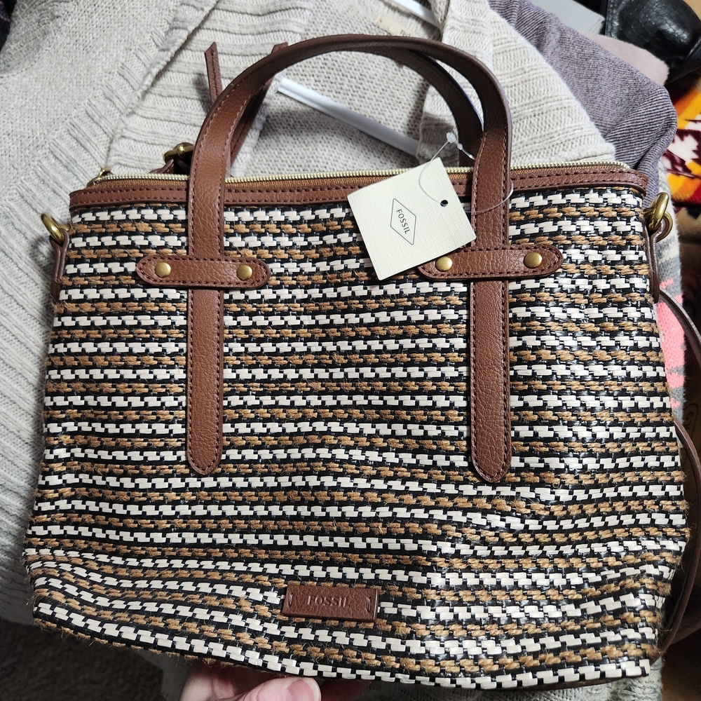 Fossil Brown and Black Woven Tote